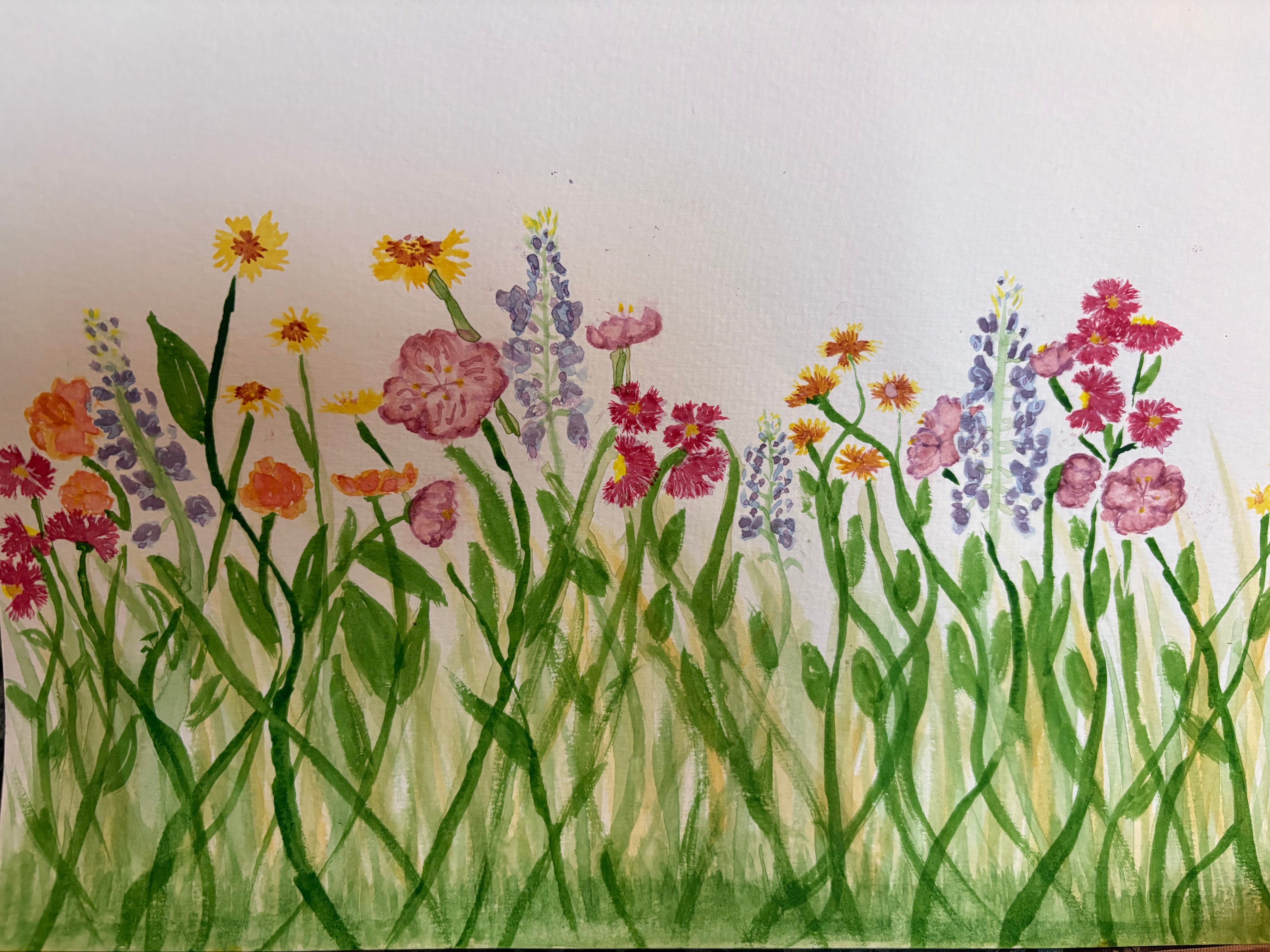 Colorful illustration of a field of flowers with green stems on a white background